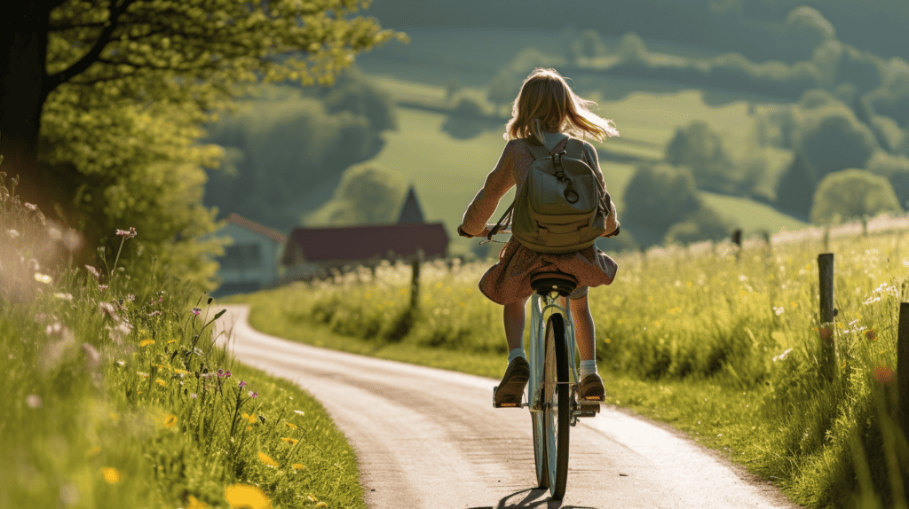 Walk or bike when possible. Girl biking down a path.