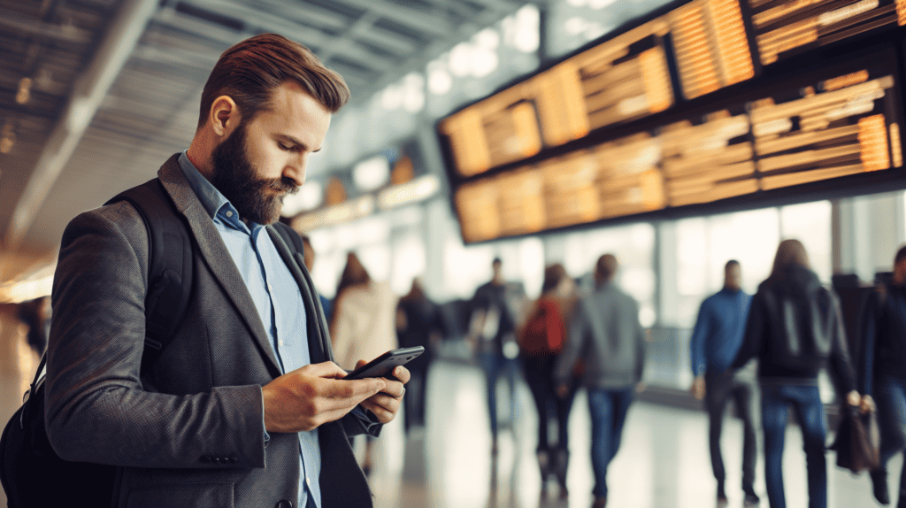 Avoid excessive alcohol consumption before and during the flight. Man on phone at airport.