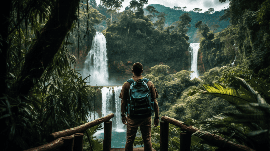Safe Travel Home, man standing in front of a waterfall
