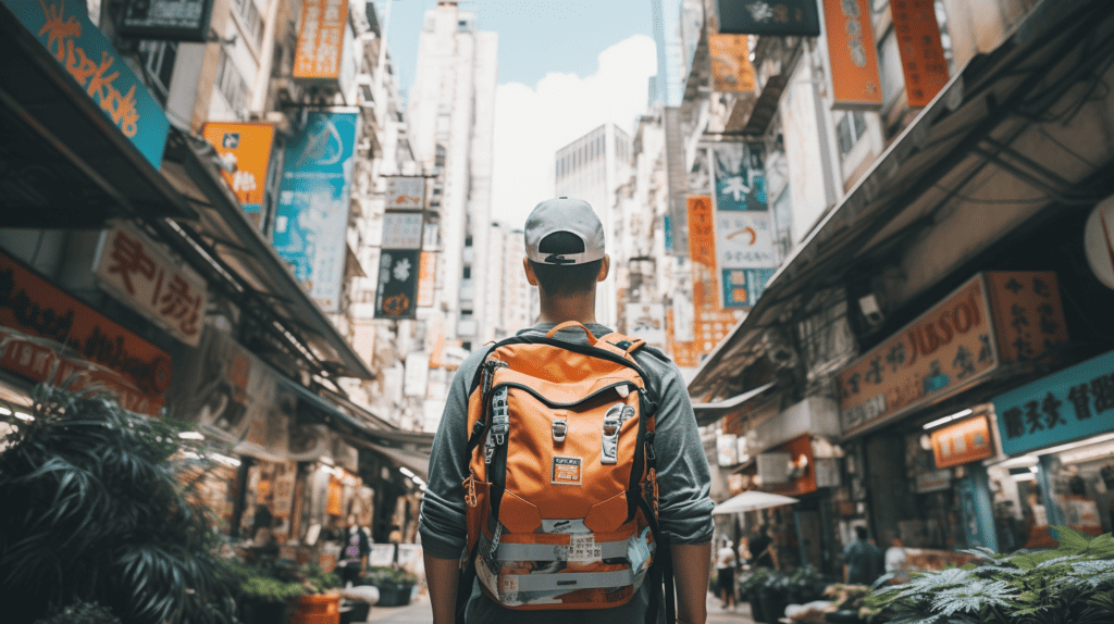 Saving money on transportation, man backpacking through a busy city