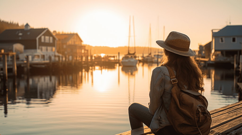 "Happy wings", woman at the dock looking at a boat