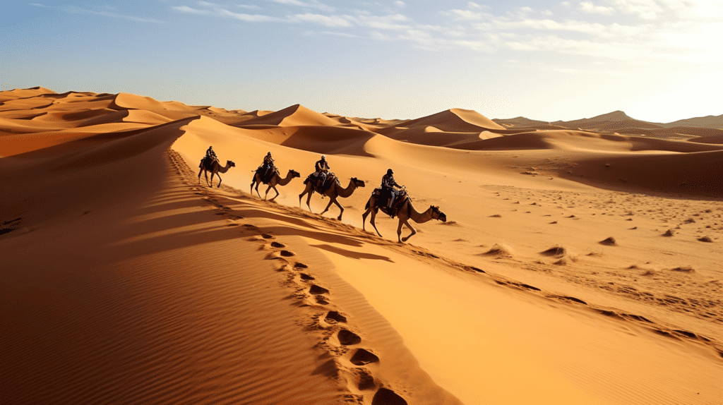 Memorable Journey Quotes, Camels traveling on top of san dunes