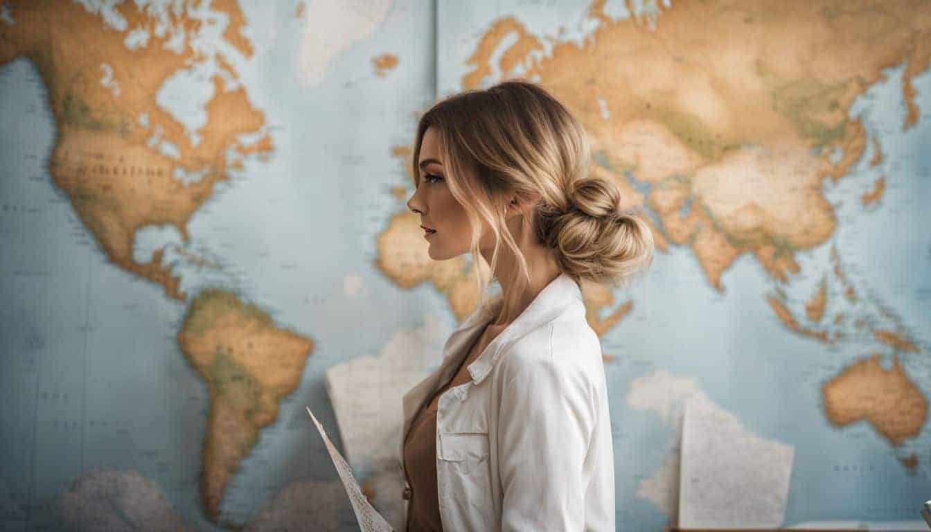 A Caucasian woman stands in front of a world map mural, holding a map and surrounded by a bustling cityscape. Travel Tips and Guides