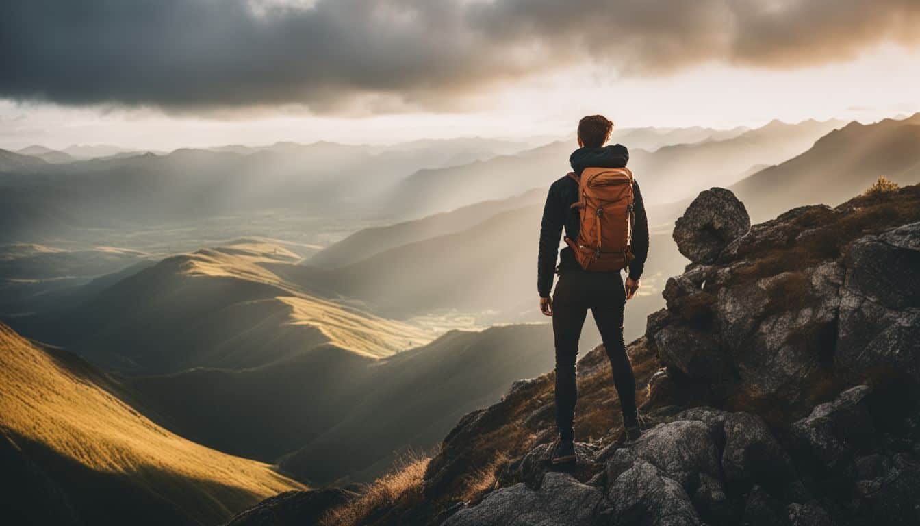 A backpacker enjoys a stunning mountaintop view, showcasing different faces, hair styles, and outfits in a well-lit and bustling atmosphere.