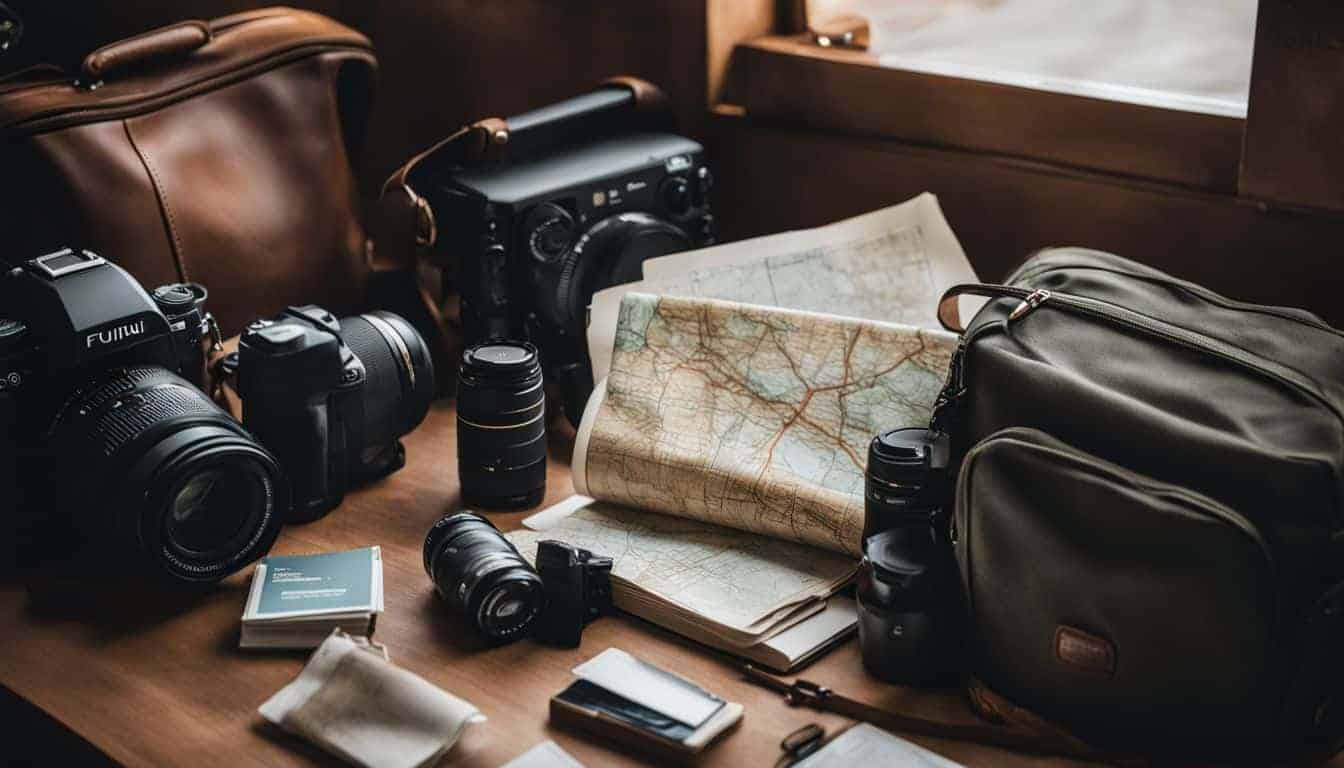 A well-organized travel backpack surrounded by maps and travel guides, with a diverse group of people, photographed in a high-quality, realistic style.