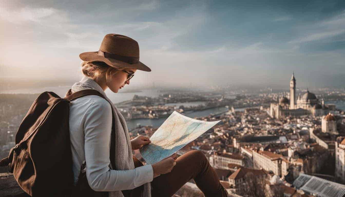 A traveler plans their journey while looking at a map in a bustling cityscape setting with people of diverse backgrounds.