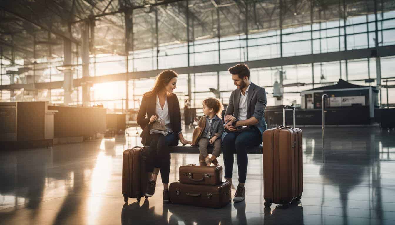 A diverse family sits together with suitcases at an airport, ready to embark on their travels.