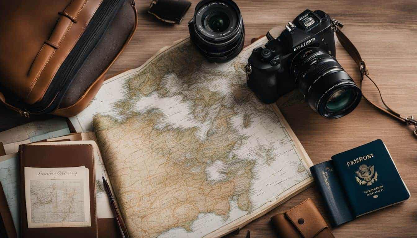 The image depicts a travel photography scene with various people and travel essentials around an open map.