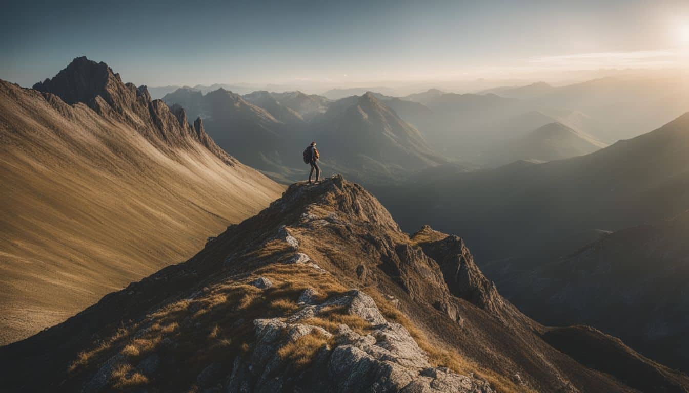 A hiker stands on a mountain peak surrounded by stunning scenery, captured in high-quality detail.