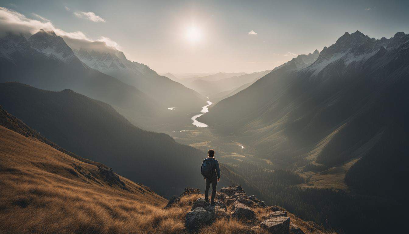 A traveler stands on a cliff, admiring a scenic mountain landscape with different people and outfits.