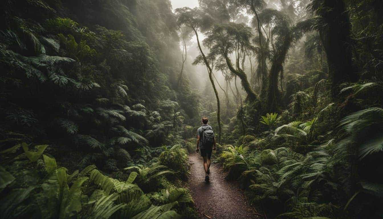 A hiker exploring a rainforest trail surrounded by diverse wildlife, wearing different outfits and hairstyles.