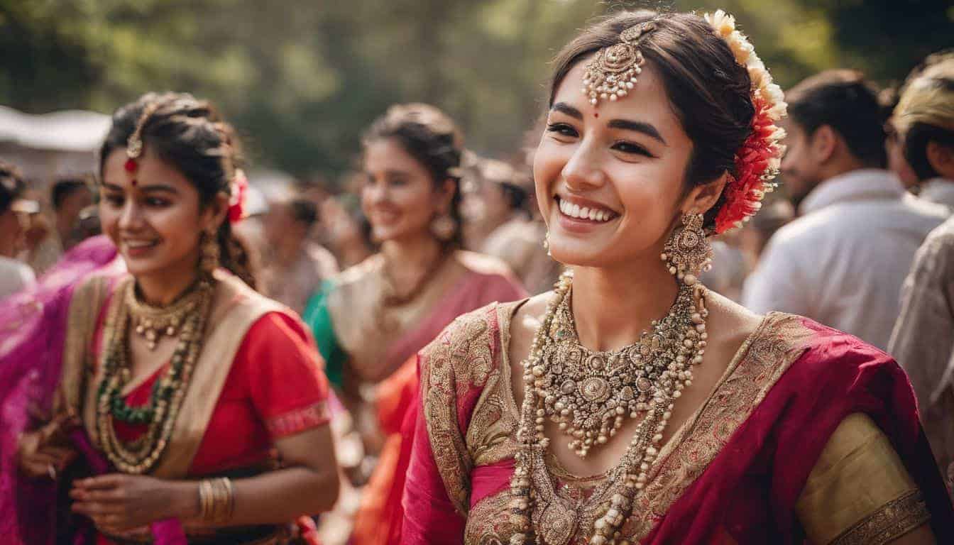 A diverse group of people enjoying a traditional dance in a vibrant cultural festival.