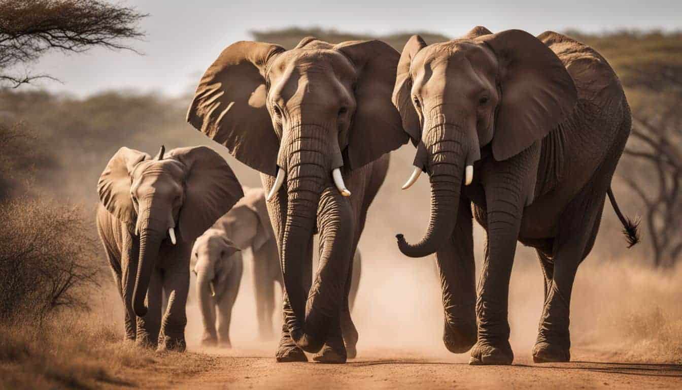 A photograph of a diverse elephant family walking through the African savannah, taken with a professional camera.