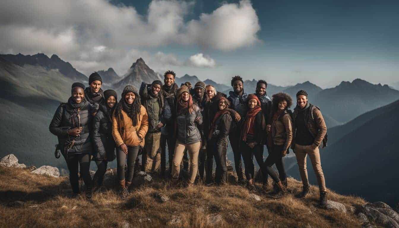 A diverse group of travelers celebrating their adventurous journey on a mountaintop.