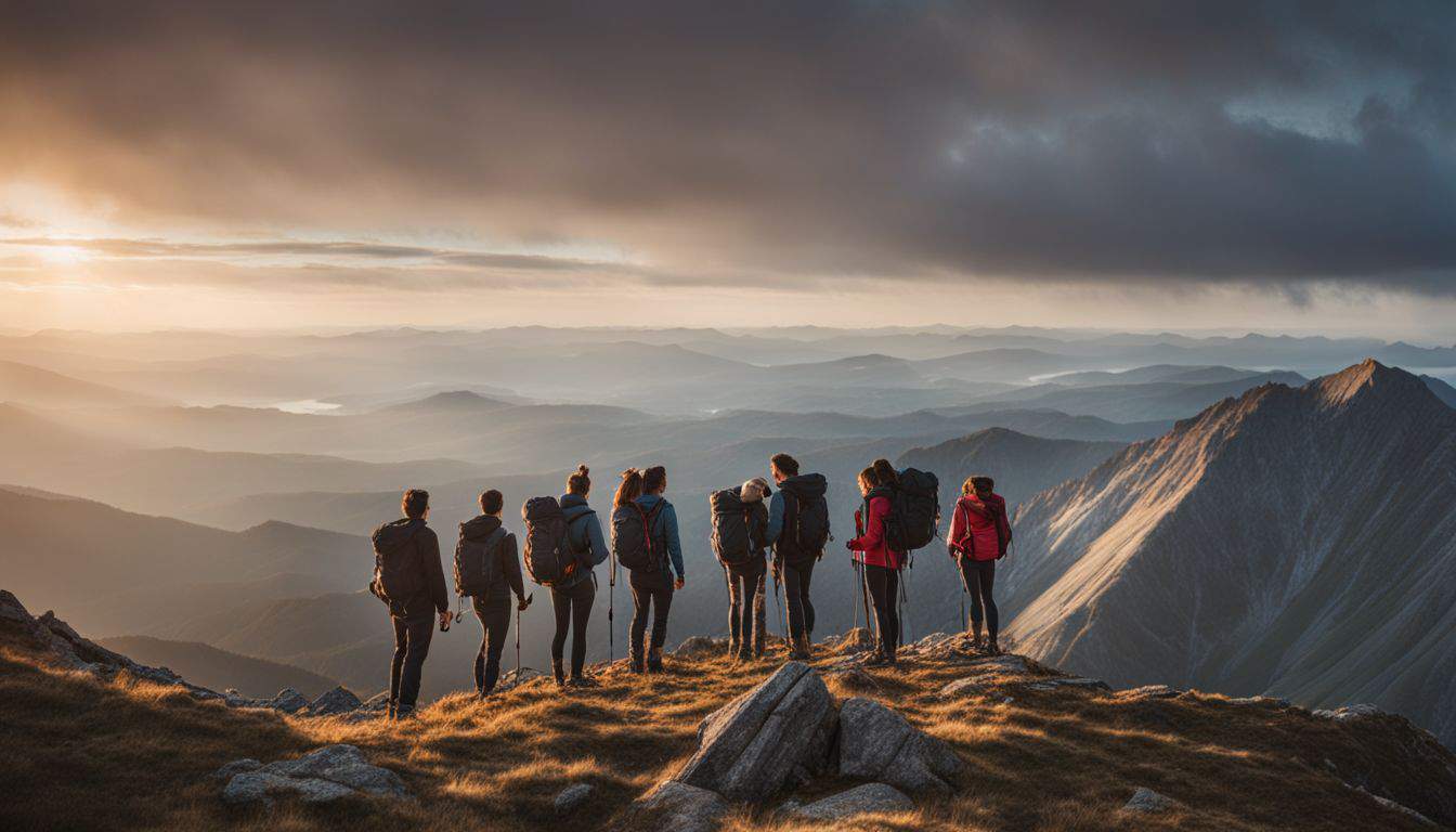 A diverse group of hikers standing on a mountain peak at sunrise, captured with a high-quality camera for stunning detail.