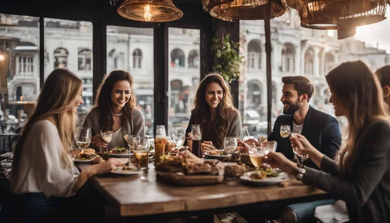 A diverse group of friends sharing a meal at a local restaurant, captured in a well-lit and vibrant photograph. Guide to General Travel.