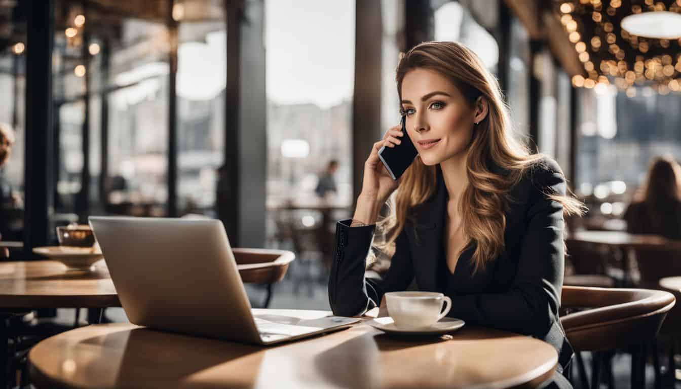 A Caucasian woman multitasks at a café, talking on her cellphone while surrounded by travel documents and a laptop. Alert your bank and credit card company of your travel plans.