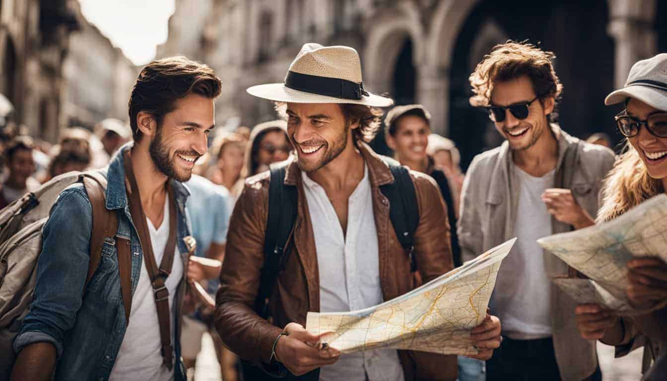 A happy tourist surrounded by locals seeking directions, captured in a detailed and vibrant street photograph. Keep important information in your phone