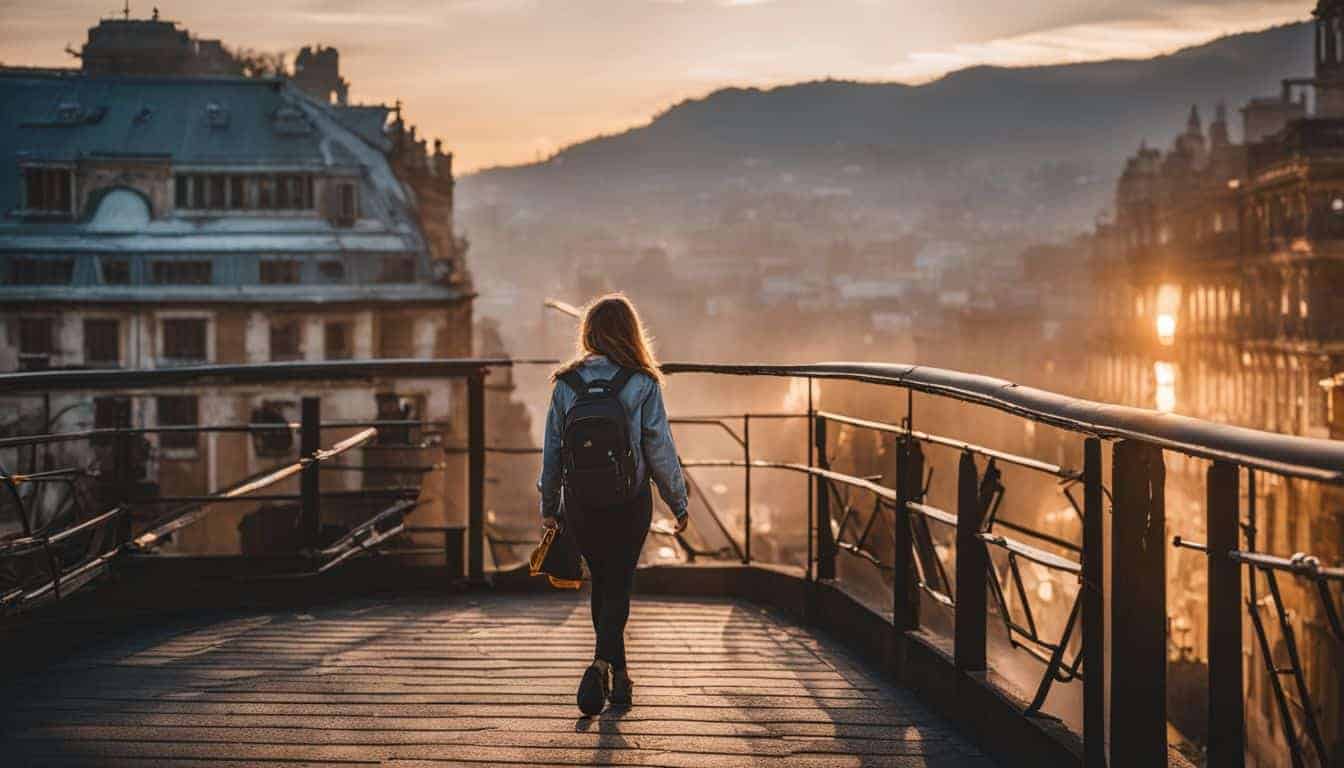 A traveler explores a vibrant city at sunrise, capturing different faces, styles, and a bustling atmosphere in crisp detail.