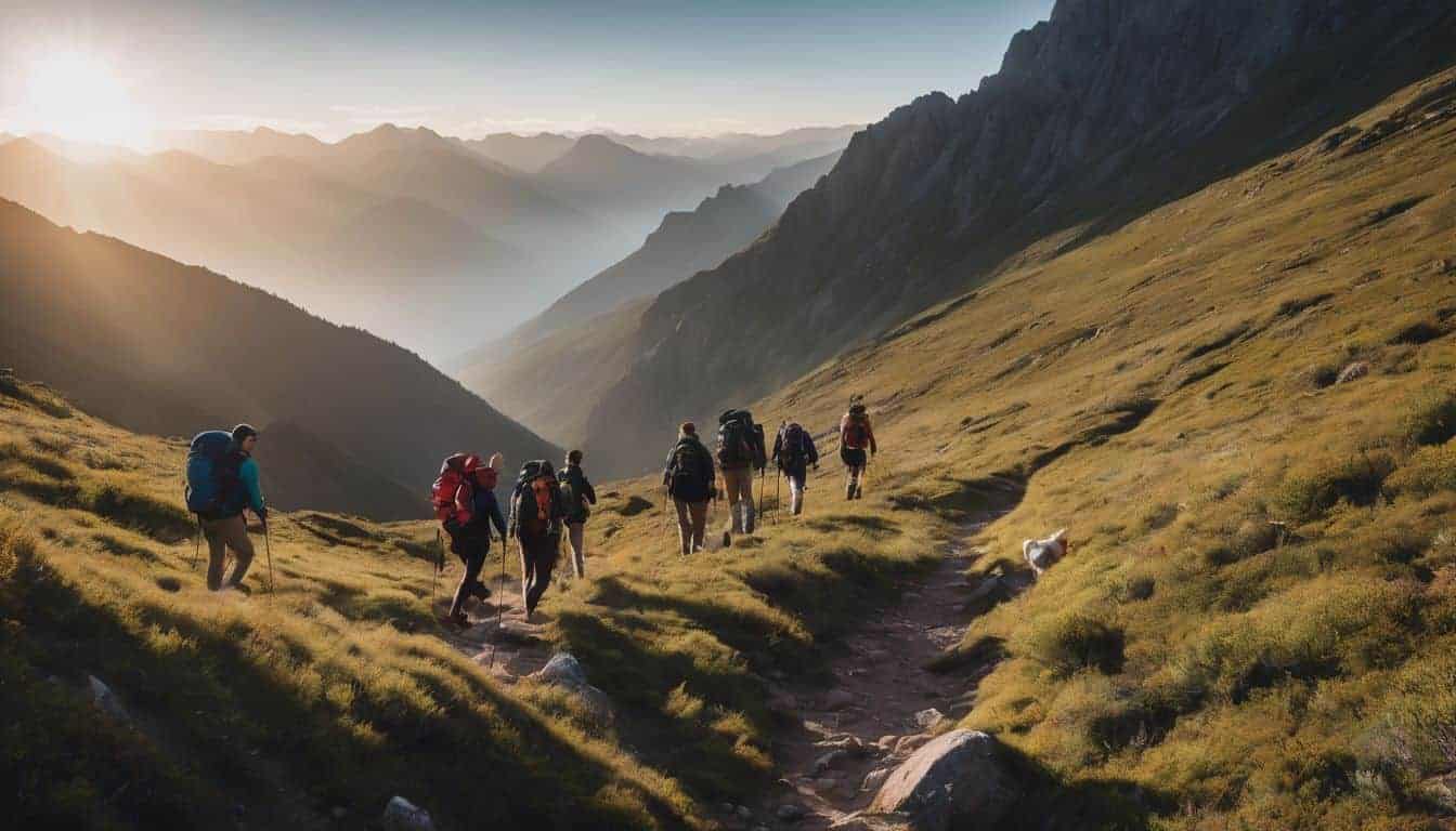 A diverse group of people hiking on a mountain trail in a well-lit and bustling atmosphere.