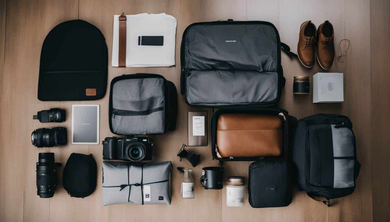 A photo of a well-organized suitcase with travel essentials and different people in various outfits and hairstyles.