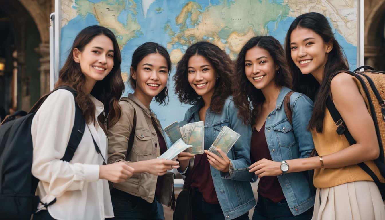 A diverse group of travelers with passports and suitcases surrounded by a world map, representing the adventure of travel.