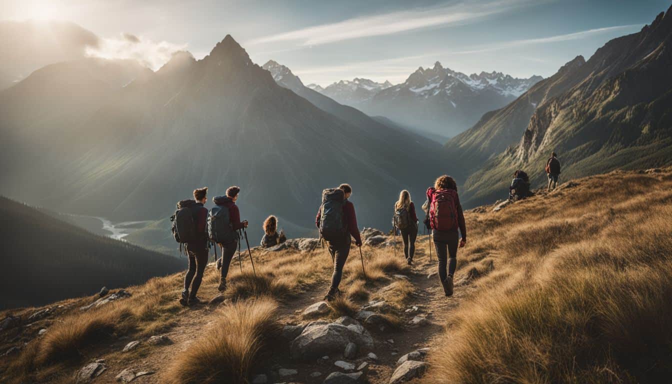 Diverse group of people hiking together in a mountainous landscape, captured in a well-lit and vibrant photograph.
