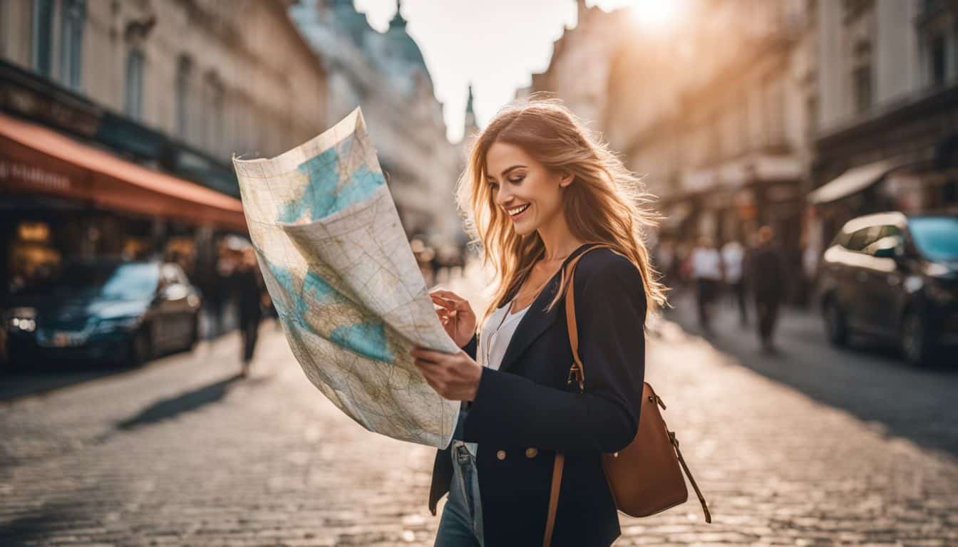 A Caucasian woman happily explores a vibrant cityscape, using a map to navigate the bustling atmosphere.